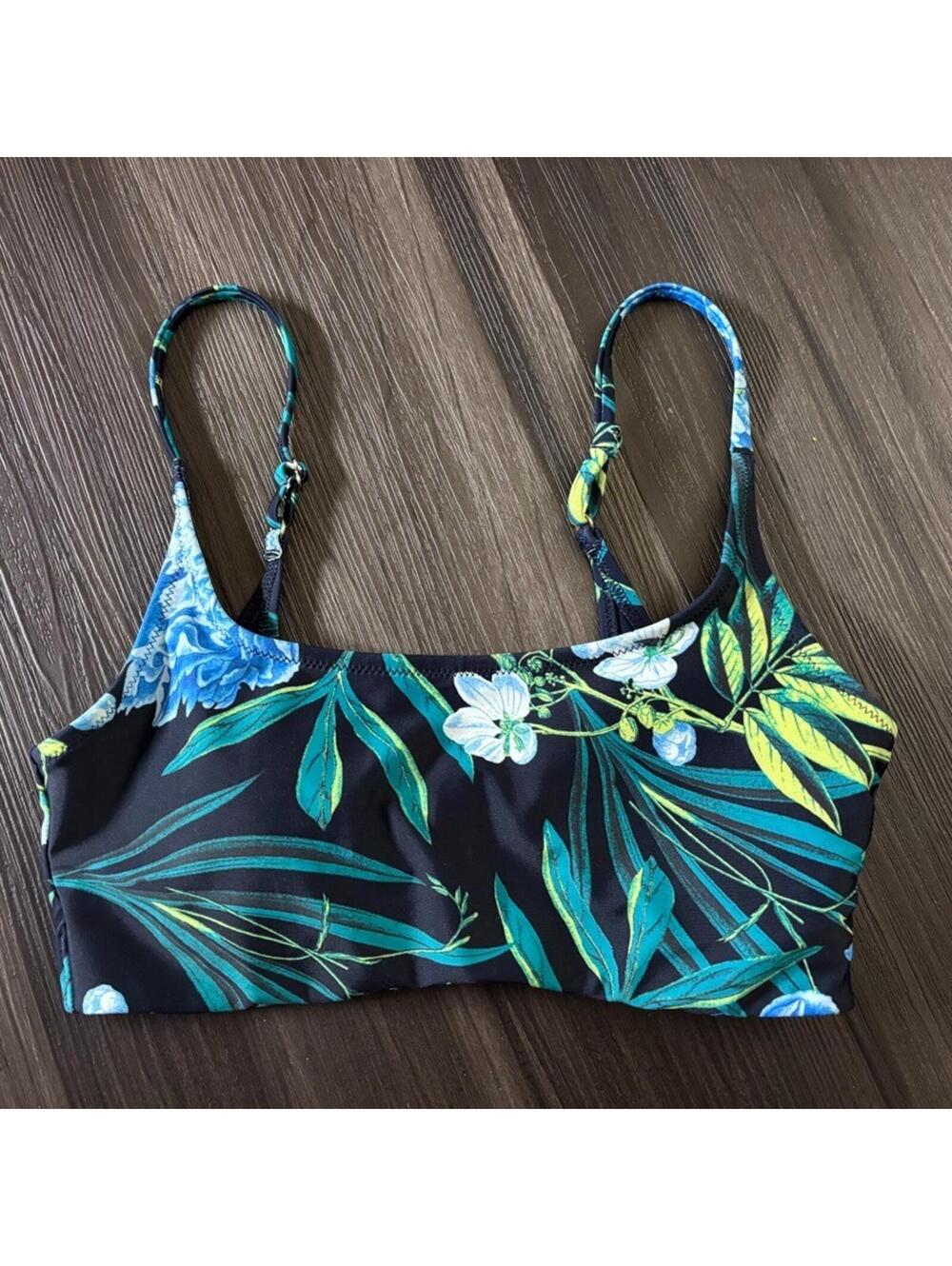 Old Navy Scoop Neck Bikini Swim Top Size Small Blue Tropical Print Lightly Lined
